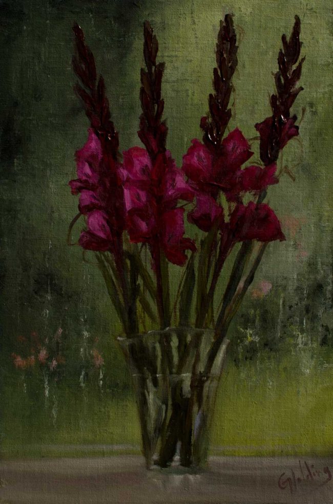 gary holding backlit gladioli on a rainy day oil on linen 12x18