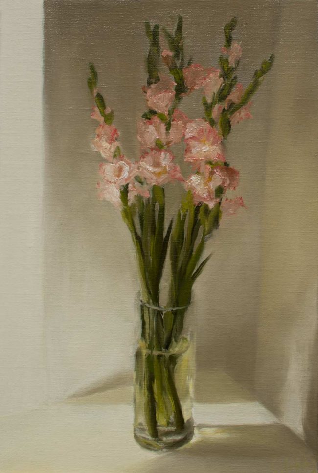 gary holding gladioli on a table oil on linen 12x18