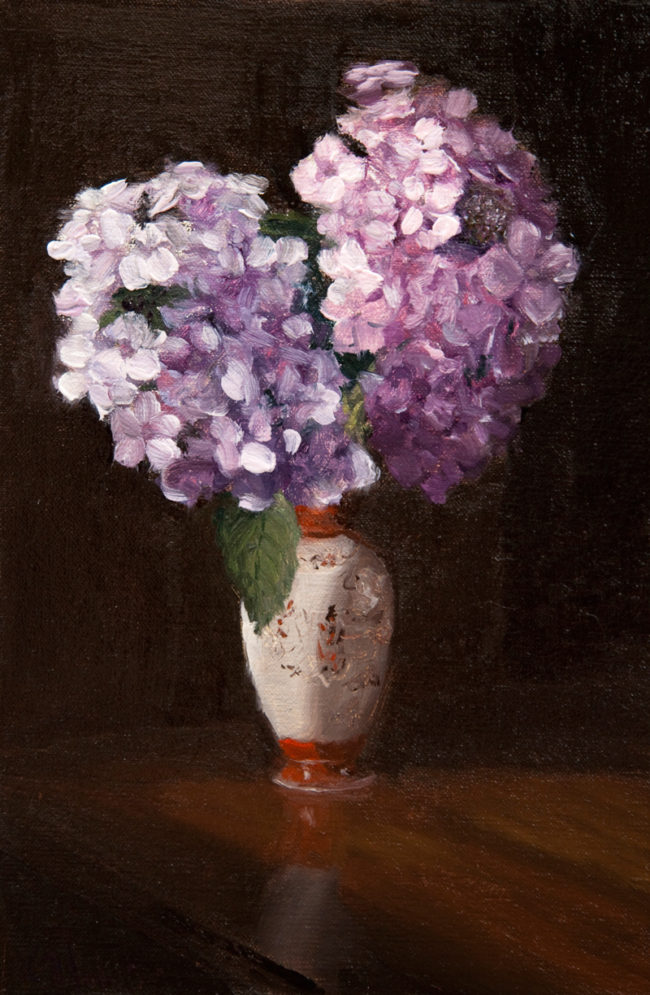 gary holding hydrangea-in a vase oil on linen 8x12