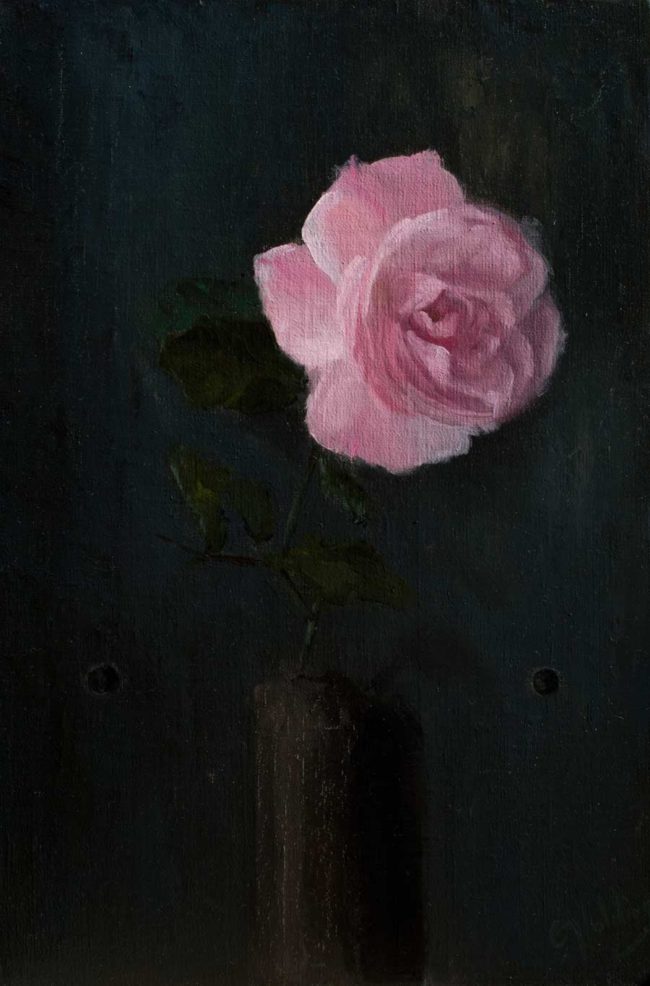 Gary Holding Pink Rose of Kita Kamakura oil on linen 12x18