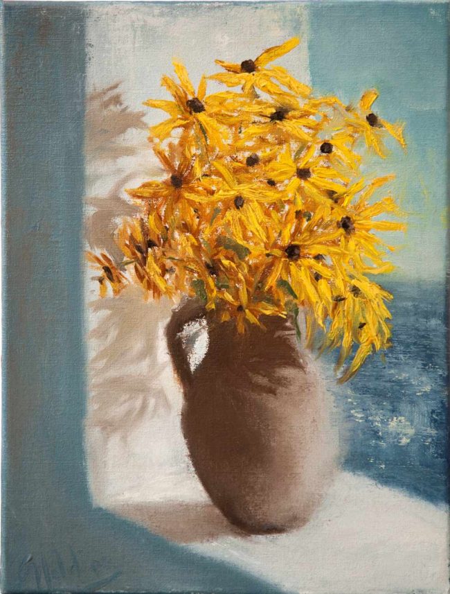 Gary Holding Rudbeckia in a clay pot oil on linen 16x12