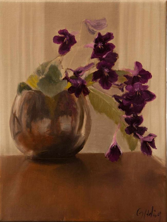 gary holding streptocarpus in a vase oil on linen 16x12