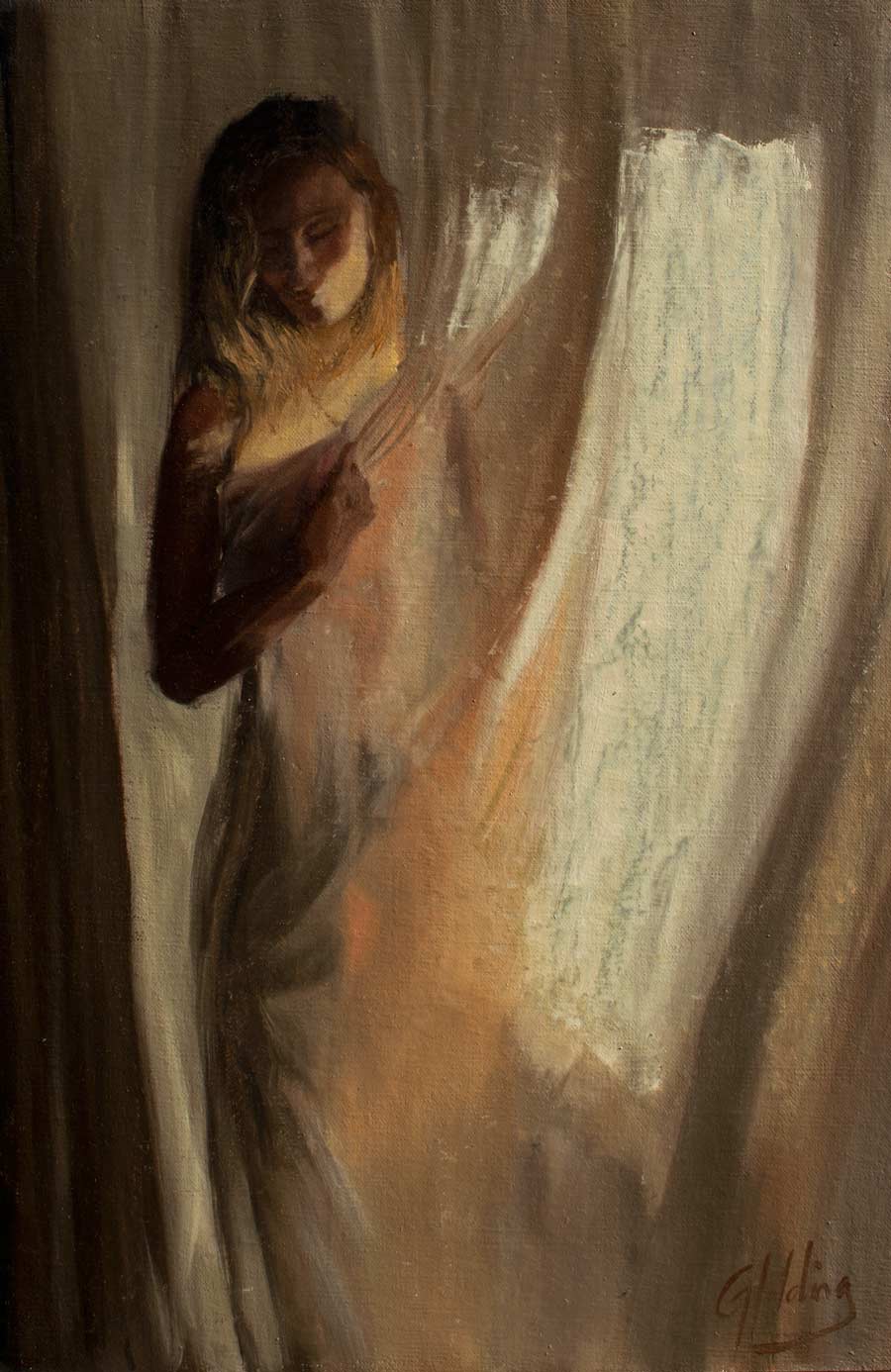 gary holding sunlit figure through curtains oil on line 18x12