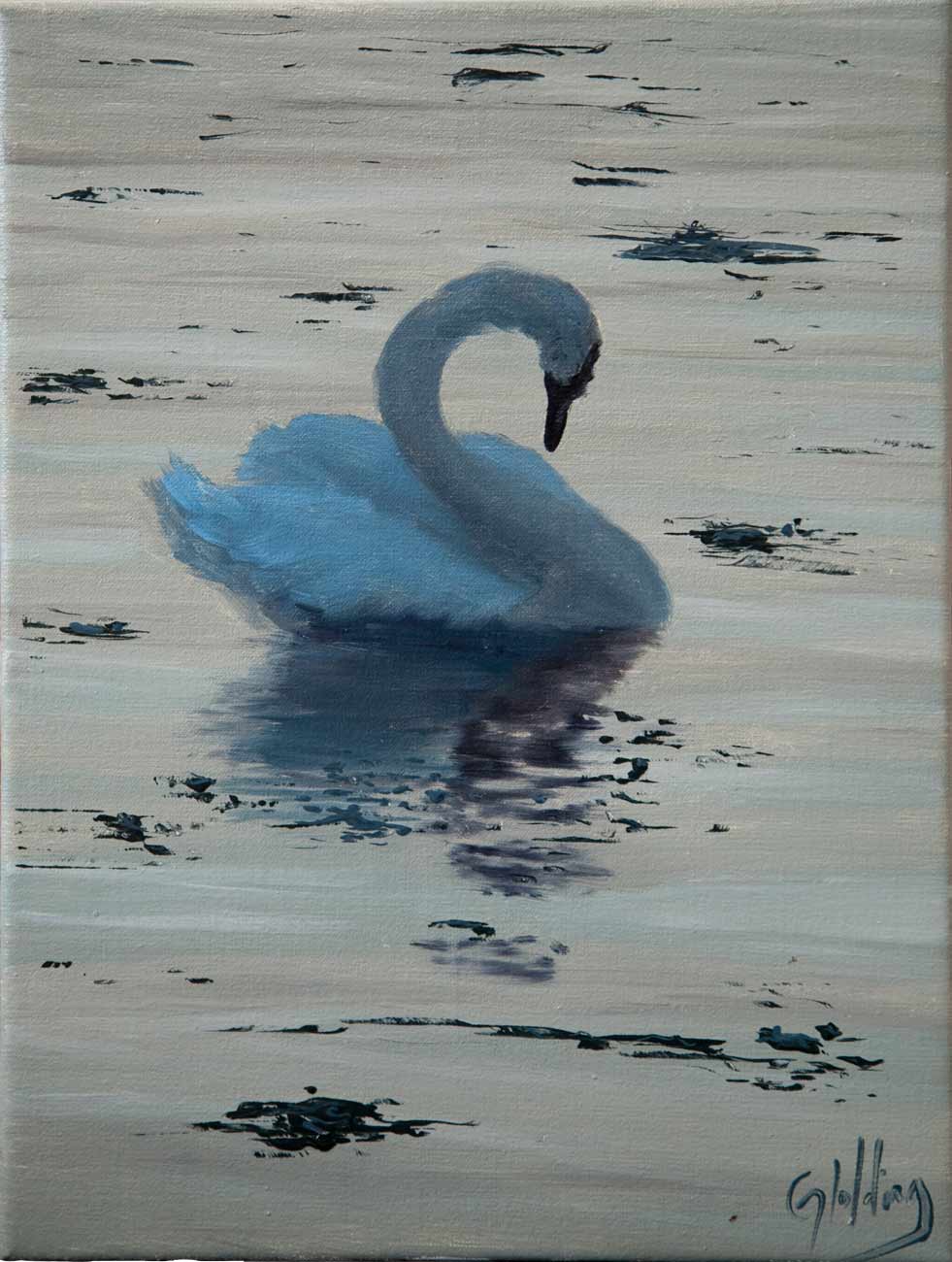 gary holding swan in the twilight oil on line 16x12